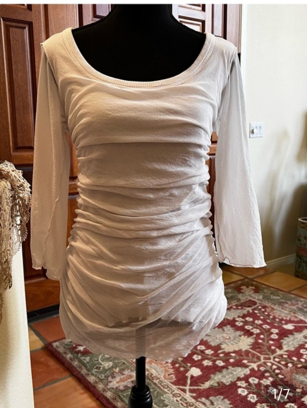 White Ribbed Scoop Neck Draped Women's Dress